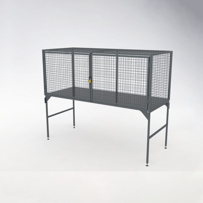 Closed and locked over bonnet storage locker in gray metal mesh, highlighting secure and protective design features.