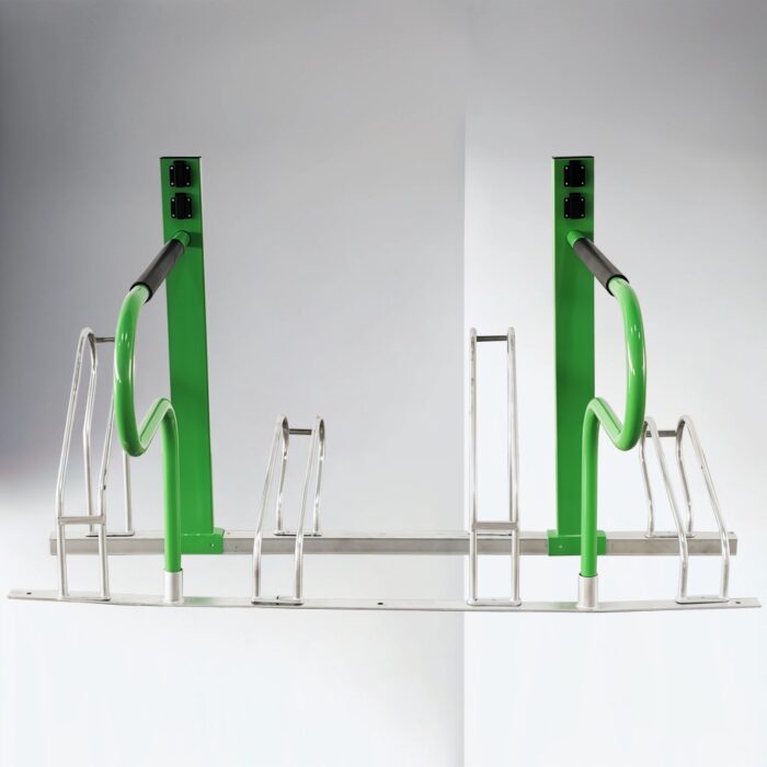 Green metal e-bike parking rack with black handles, designed to securely hold electric bicycles.