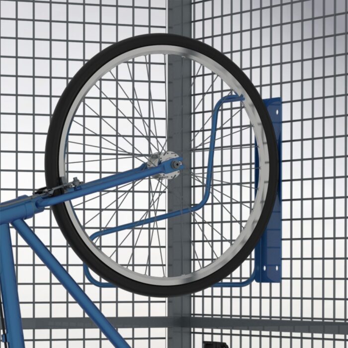 Close-up of a blue bicycle wheel fixed to a blue bracket inside the storage mesh locker, illustrating the securing method used.