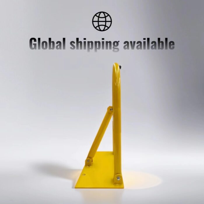 Yellow manual parking lock with built-in lock, promotional banner mentions worldwide shipping availability.