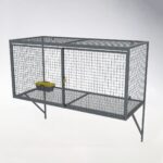 Gray metal mesh wall-mounted locker with half-open door, featuring lock mechanism and a yellow-black storage box inside, highlighting storage accessibility.