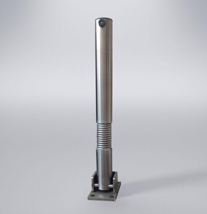 Stainless steel fold-down bollard with key-locking mechanism, designed for traffic control and parking security in commercial and urban environments.