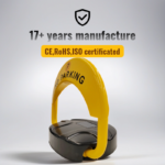 Yellow D-type solar-powered parking lock with CE, RoHS, and ISO certifications, battery-free design, heavy-duty motor, and over 17 years manufacturing experience for global OEM orders.