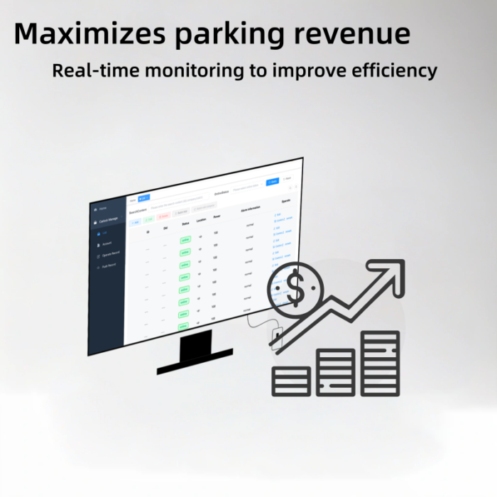 Visual diagram of IoT parking lock management system enhancing parking efficiency and optimizing revenue through real-time monitoring.