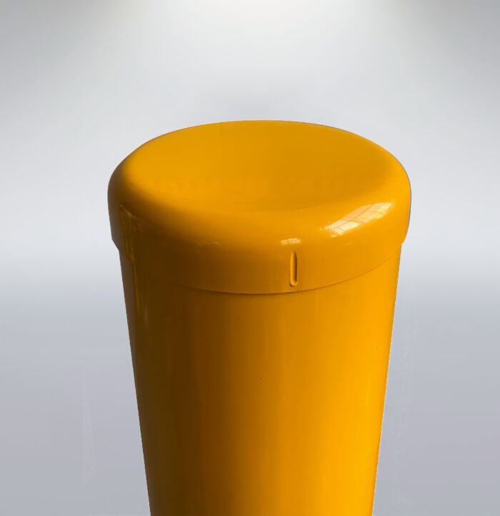 Close-up of the yellow 89mm bollard top, highlighting its design and warning function, featuring a yellow bollard and top structure.