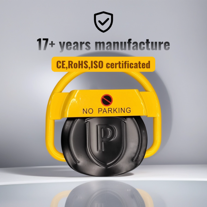 Parking Lock with O-Type Arm and P-Type Base, highlighted with '17+ Years Manufacturing' and CE, RoHS, ISO marks to indicate product quality.