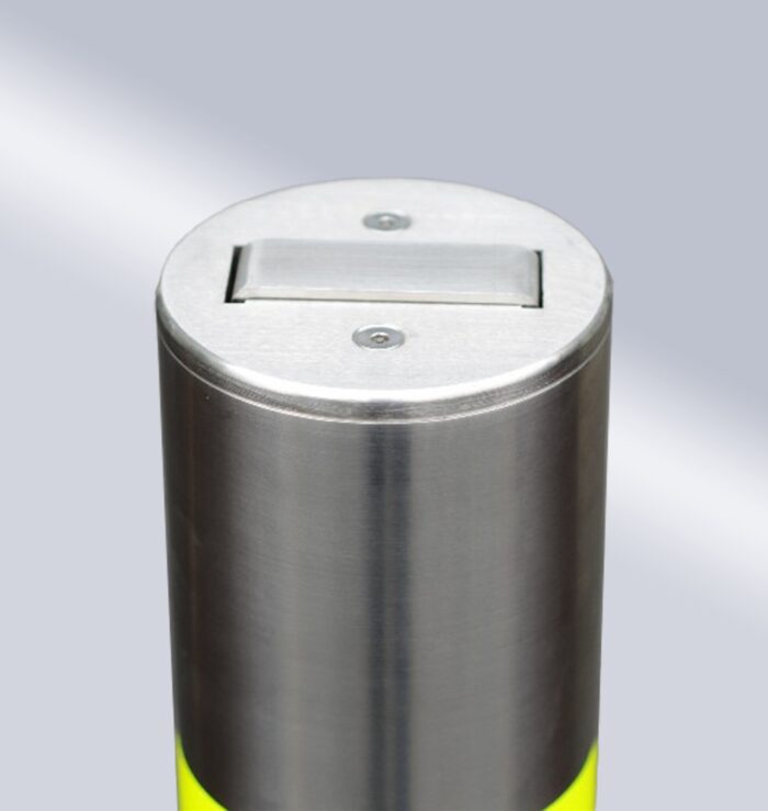 Top detail of the stainless steel 114-type bridge-handle underground lock movable bollard, with smooth finish to showcase design and ensure safety.