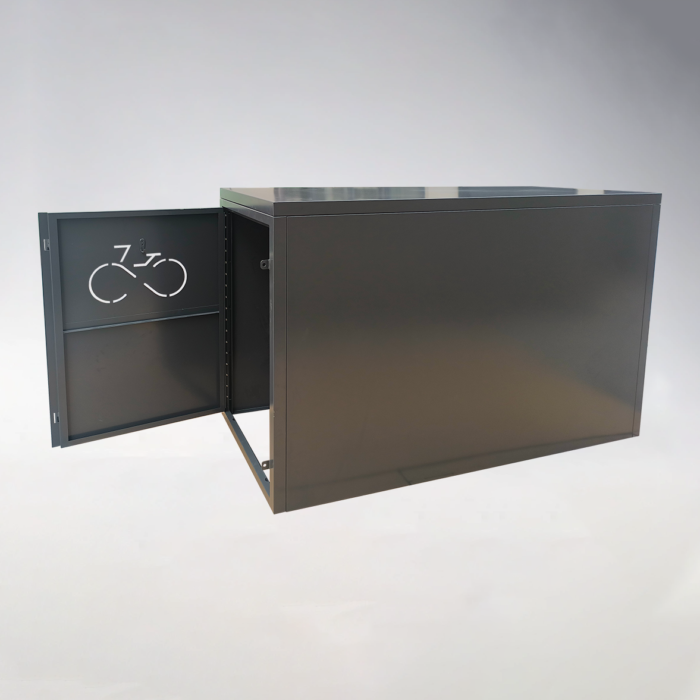 Gray single-door bike locker with open door, featuring a bicycle cutout pattern, designed for secure bicycle storage.