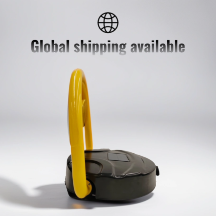 Side view of yellow D-type solar-powered remote-controlled parking lock with reinforced motor, battery-free design, available for global shipping.