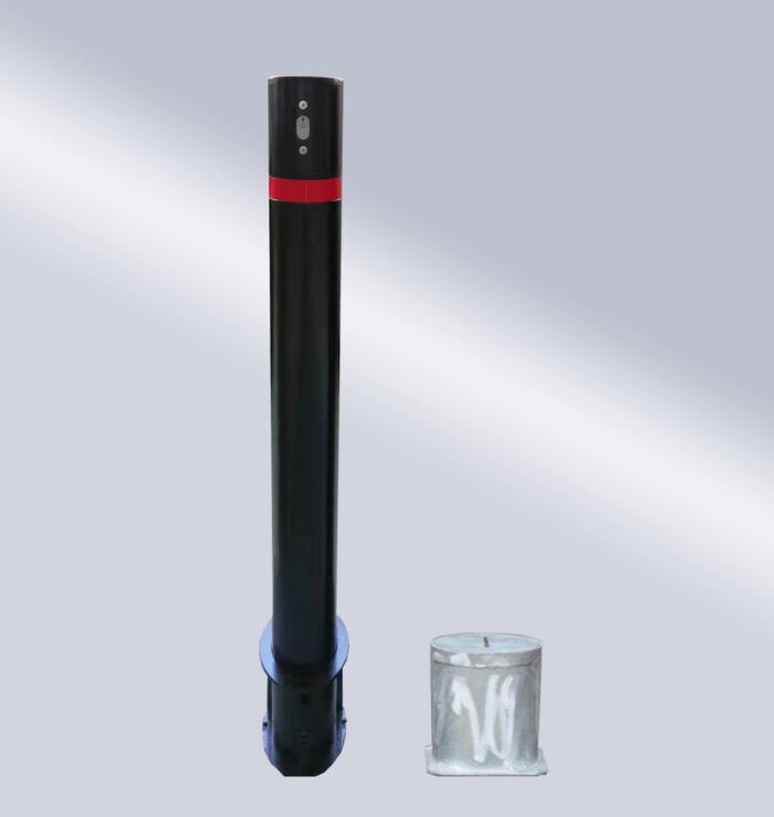 Black 114-type bridge-handle underground lock movable bollard with red warning band and metal base, suitable for site safety and access control.