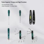 Tool set of the bicycle repair station made from S2 alloy steel, designed for high torque, precision use, and rust resistance.