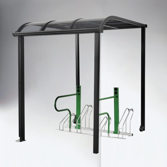E-bike parking rack in green, shown installed inside a bike shelter with a transparent canopy.
