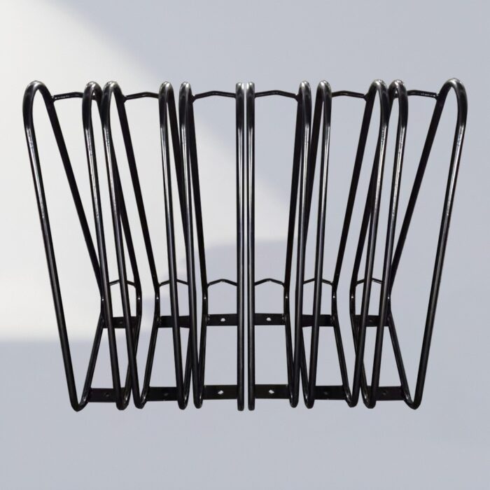 Front view of a black triangular wall-mounted bike rack, showing full design and structure for secure bicycle mounting.