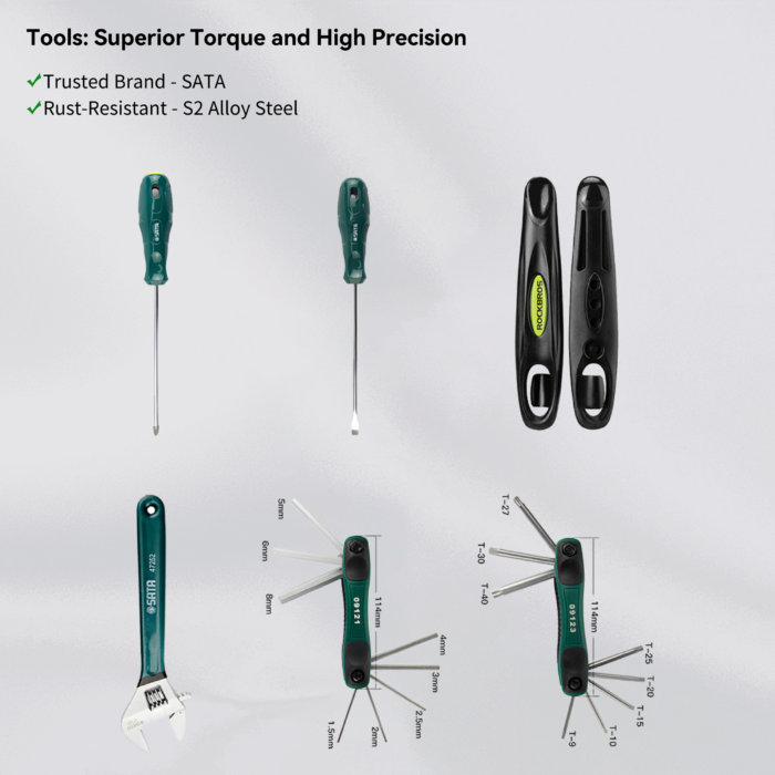 Tool set of the bicycle repair station made from S2 alloy steel, designed for high torque, precision use, and rust resistance.