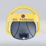 Solar-powered parking lock with yellow body, 'NO PARKING' sign, and no-parking symbol. Solar panel embedded in the black base, showing overall product appearance.