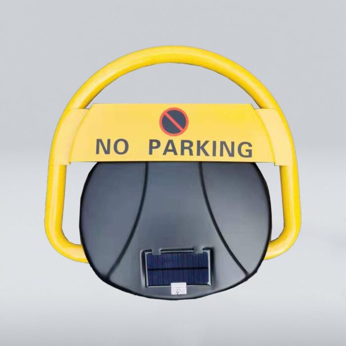 Solar-powered parking lock with yellow body, 'NO PARKING' sign, and no-parking symbol. Solar panel embedded in the black base, showing overall product appearance.