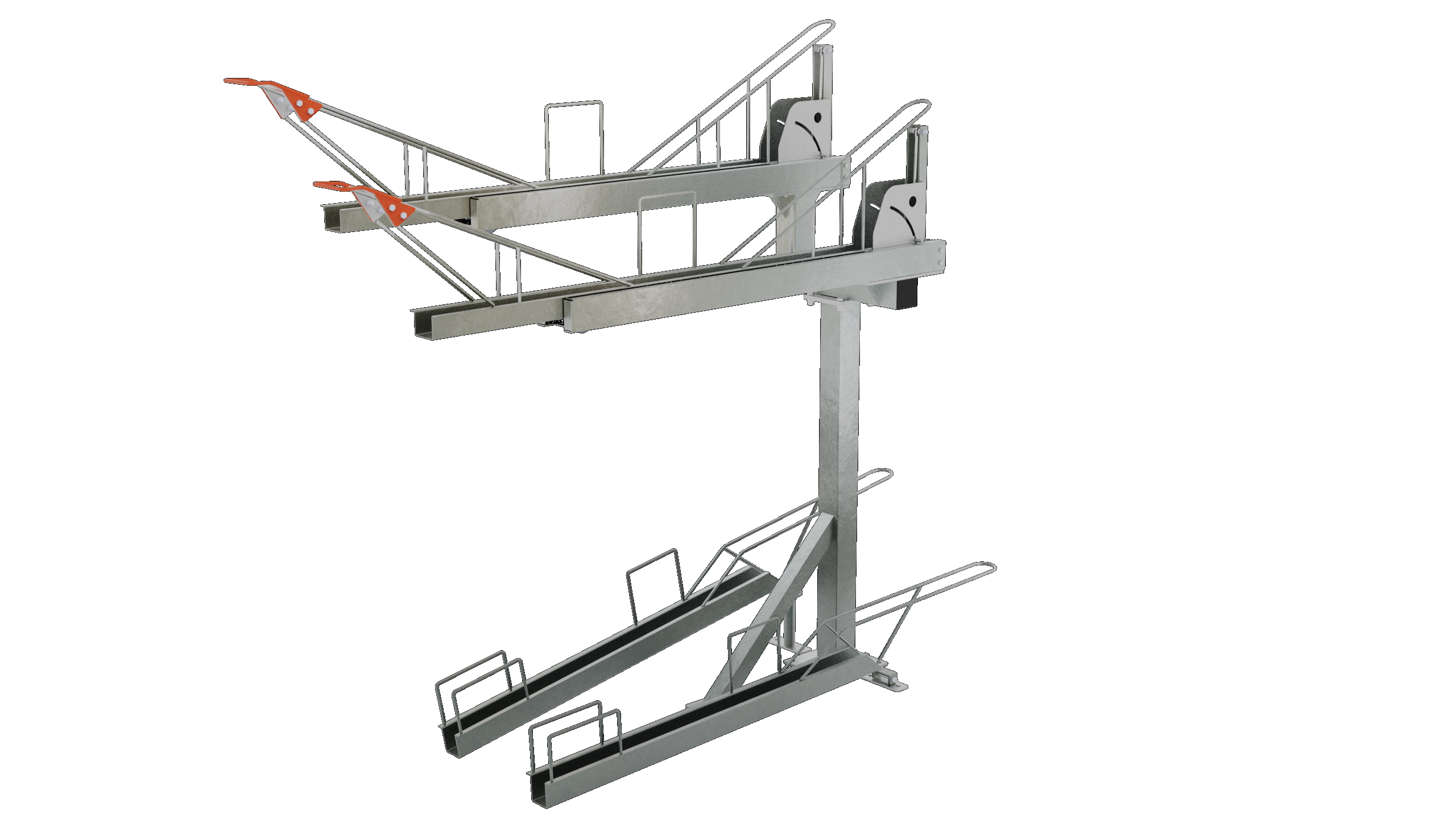 KVS-DDBRS-2-0H Gas Assist Double Decker Bike Rack, provides 4 parking spaces, 2 upper and 2 lower, ideal for efficient bike parking solutions.