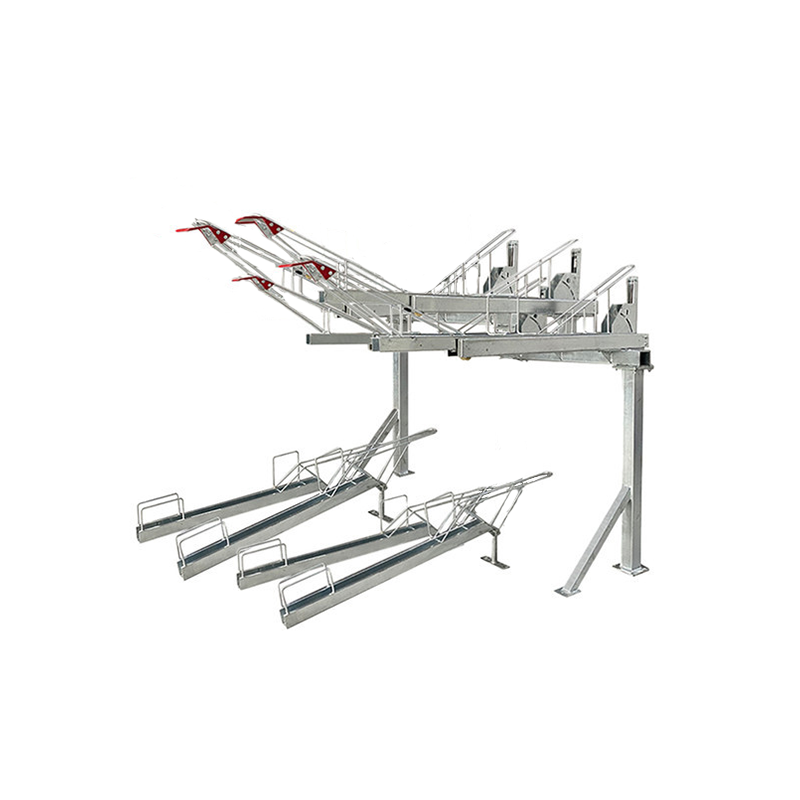 Gas Assist Double Decker Bike Rack KVS-DDBR-4-0H, providing 8 parking spaces with 4 upper and 4 lower layers, ideal for large-scale parking needs.