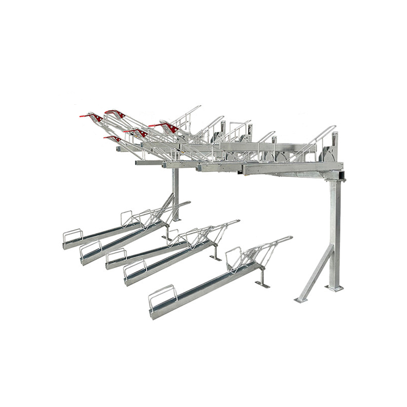 KVS-DDBR-5-0H Gas Assist Double Decker Bike Rack, providing 10 parking spaces with 5 on the top and 5 on the bottom, ideal for various parking scenarios.