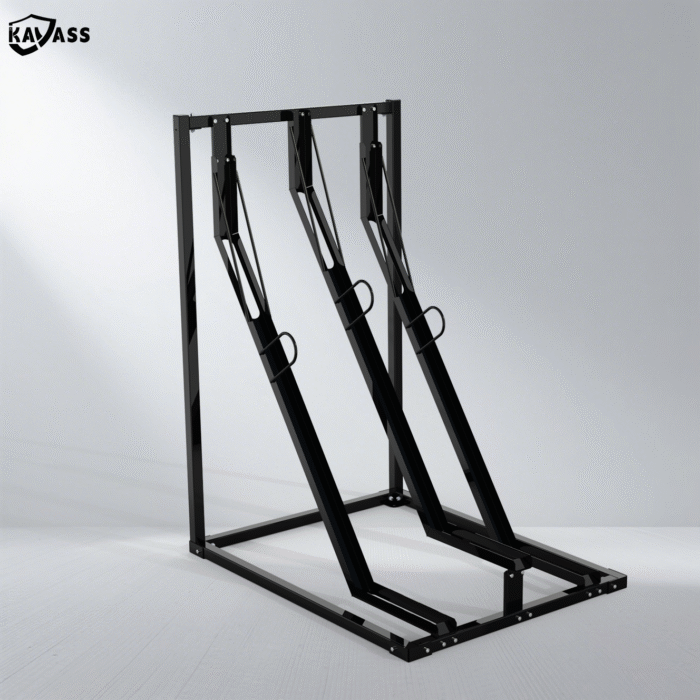 KAVASS semi-vertical bike rack, 3-bike capacity, black powder-coated finish.
