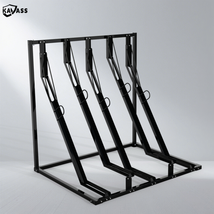 KAVASS semi-vertical bike rack, 5-bike capacity, black powder-coated finish.