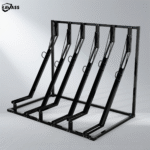 KAVASS black powder-coated semi-vertical bike rack, 6-bike parking structure with clear metal texture and coating finish.