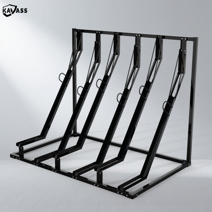KAVASS black powder-coated semi-vertical bike rack, 6-bike parking structure with clear metal texture and coating finish.