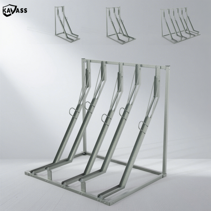 KAVASS semi-vertical bike rack in hot-dip galvanized finish, available in 2, 3, 4, 5, and 6 bike spaces.