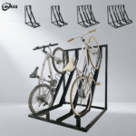 KAVASS black powder-coated semi-vertical bike rack with two white bicycles, showing usage scene and multiple capacity options (2, 3, 5, 6 spaces).