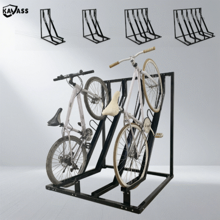 KAVASS black powder-coated semi-vertical bike rack with two white bicycles, showing usage scene and multiple capacity options (2, 3, 5, 6 spaces).