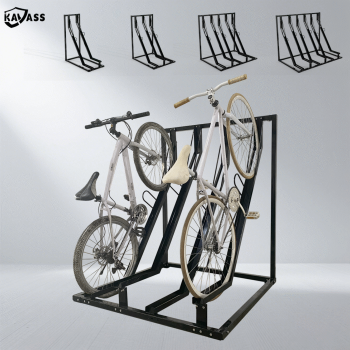 KAVASS black powder-coated semi-vertical bike rack with two white bicycles, showing usage scene and multiple capacity options (2, 3, 5, 6 spaces).