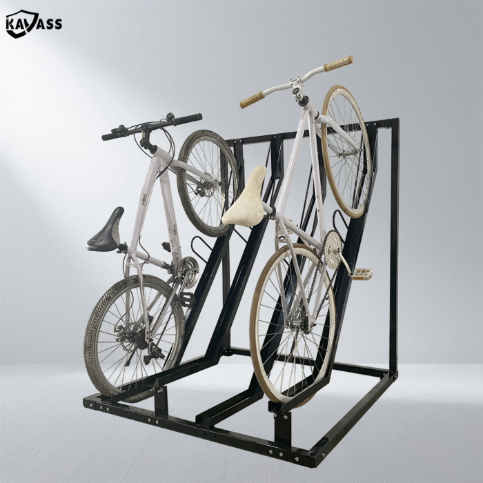 KAVASS black powder-coated semi-vertical bike rack holding two white bicycles, highlighting vertical storage and durable coating surface.