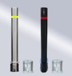 114-type bridge-handle underground lock removable bollard in silver and black, with warning bands, demonstrating product style variety.