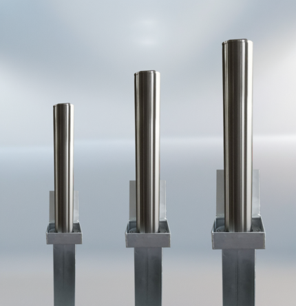 Heavy-duty stainless steel retractable bollard in 76mm, 89mm, and 114mm diameters with 500mm, 600mm, and 670mm heights, for parking security and access control.