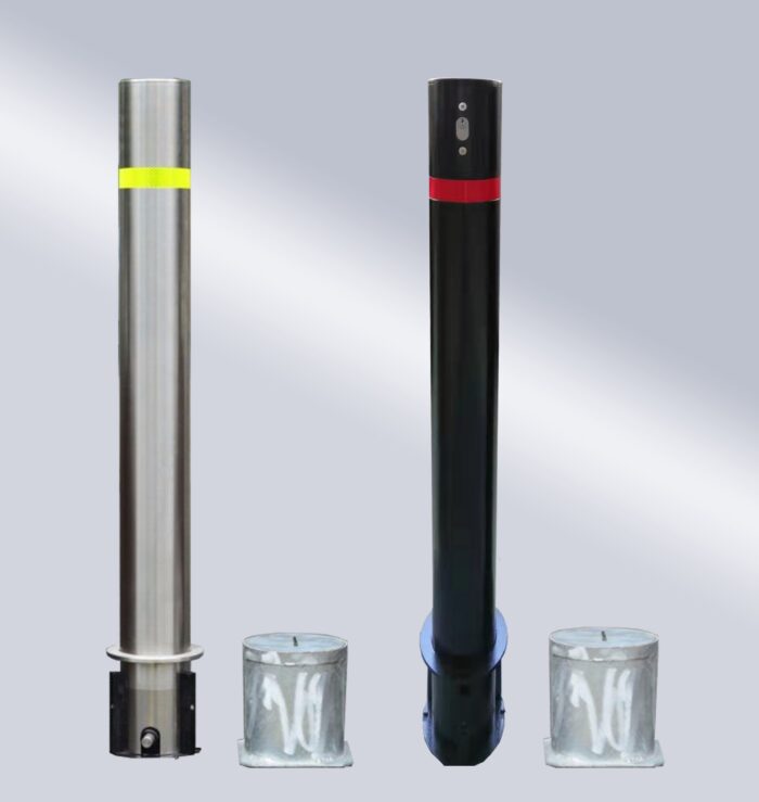 114-type bridge-handle underground lock removable bollard in silver and black, with warning bands, demonstrating product style variety.