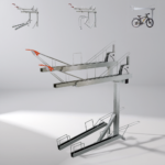 Gas Assist Double Decker Bike Rack, multi-angle display, made of carbon steel with red handle grips, designed to park multiple bicycles.