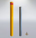 Display of yellow and stainless-steel 89mm removable bollards with embedded threaded rods, showcasing product color variations and detailed fixing components.
