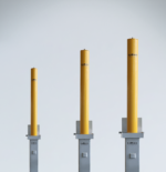 Heavy-duty carbon steel retractable bollards available in 76mm, 89mm, and 114mm diameters and 500mm to 670mm heights, designed for commercial parking and access control.