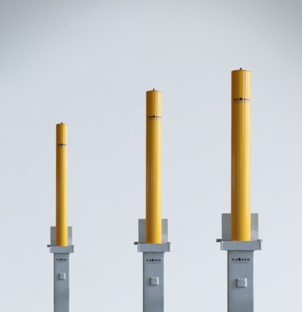 Heavy-duty carbon steel retractable bollards available in 76mm, 89mm, and 114mm diameters and 500mm to 670mm heights, designed for commercial parking and access control.