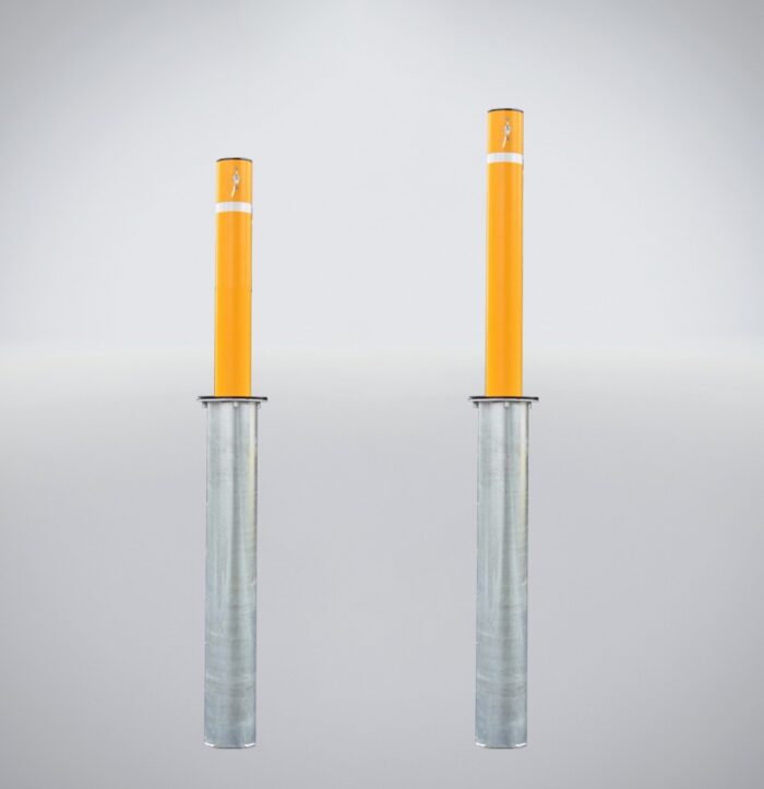 Two models of the 114 mm Telescopic Bollard - Keylock with bridge handles, in heights of 600mm and 900mm, featuring orange posts and silver bases for area isolation.