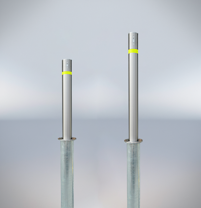Stainless steel telescopic bollards 114mm diameter, 600mm and 900mm height, Bridge-type Handle, Simple Lifting design, 316SS material for industrial and commercial use.
