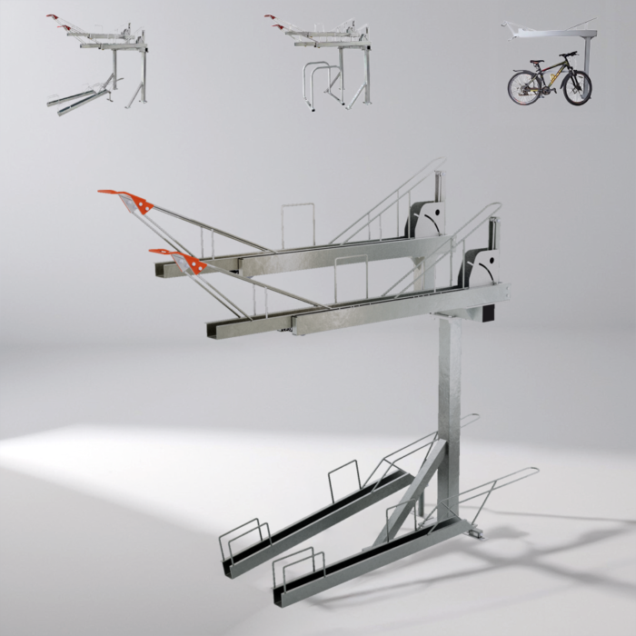 Gas Assist Double Decker Bike Rack, multi-angle display, made of carbon steel with red handle grips, designed to park multiple bicycles.