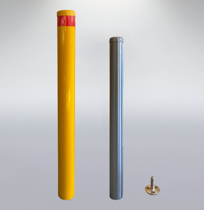 Display of yellow and stainless-steel 89mm removable bollards with embedded threaded rods, showcasing product color variations and detailed fixing components.