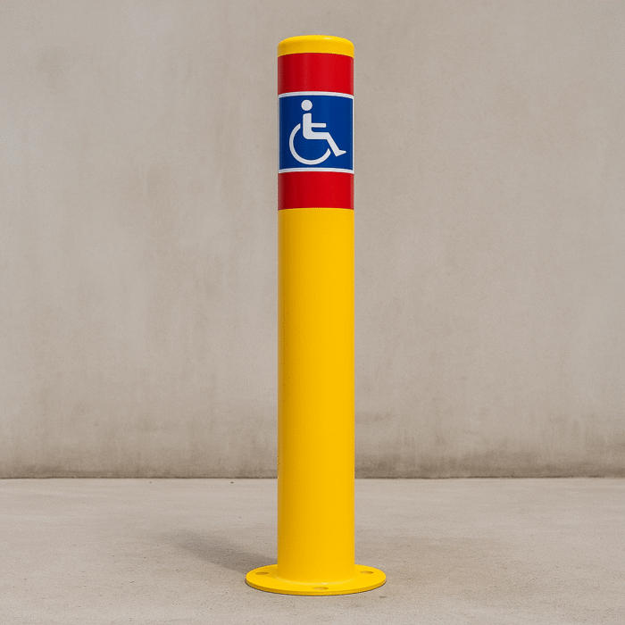 Installed Surface-Mounted Disabled Bollard in a real parking environment.