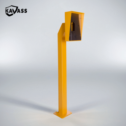 Overall view of yellow IC card reader post with mounting box for private vehicles.