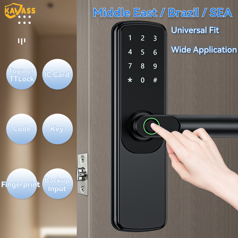 KAVASS smart lock for Middle East, Brazil, SEA markets, universal fit, multiple unlock methods: Tuya/TTLock, IC card, code, key, fingerprint, backup input.