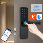KAVASS smart lock supporting OEM and ODM customization, compatible with Tuya and TTLock, showing mobile app unlocking scenario.