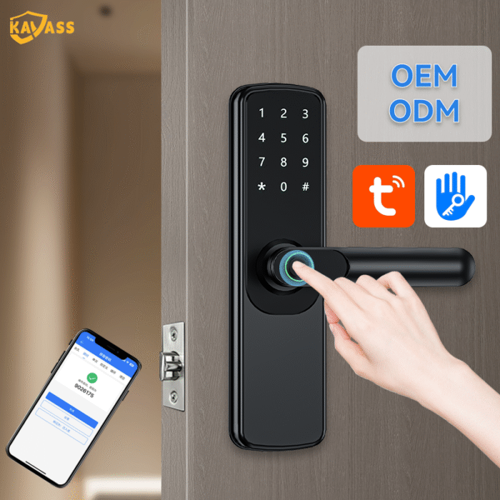 KAVASS smart lock supporting OEM and ODM customization, compatible with Tuya and TTLock, showing mobile app unlocking scenario.