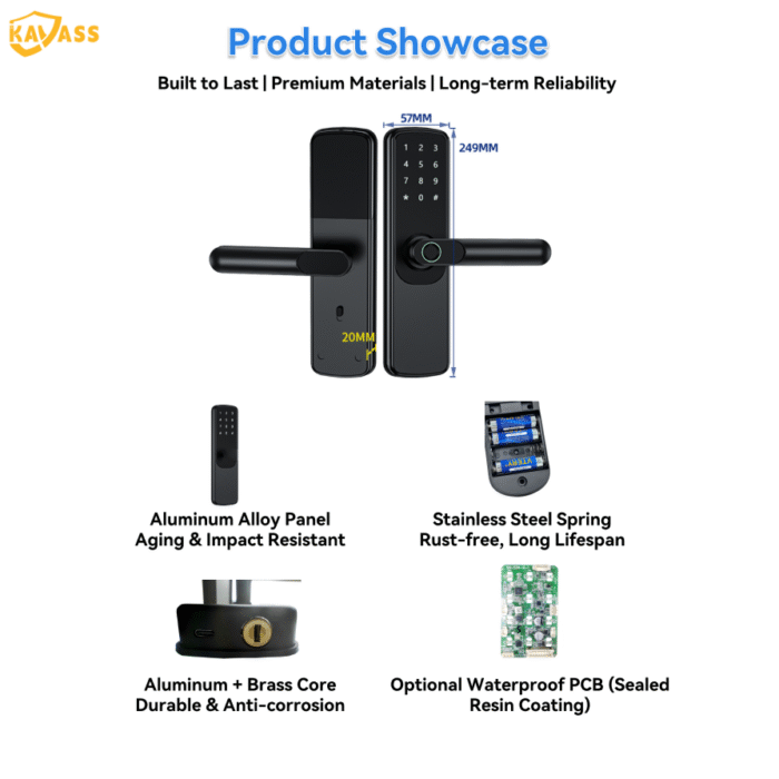KAVASS smart lock product display, size 57×249×20mm, aluminum alloy panel, stainless steel spring, aluminum & brass core, optional waterproof PCB.