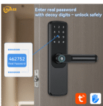 KAVASS smart lock supporting decoy password entry, example password 462752, with Tuya and TTLock function icons.